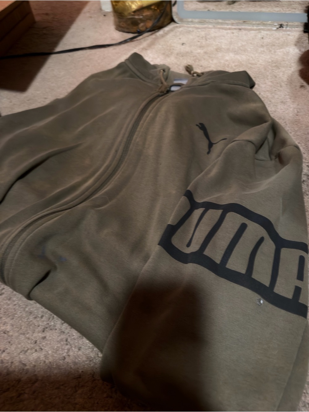 Puma Olive Zip-Up Hoodie with Black Logo